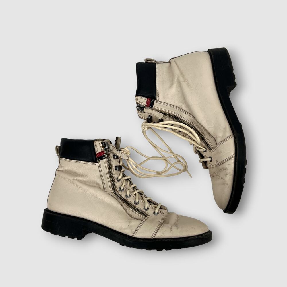 Linea Paolo Cream Leather Lace-Up Combat Boots Side Zip Lug Sole Size 11
